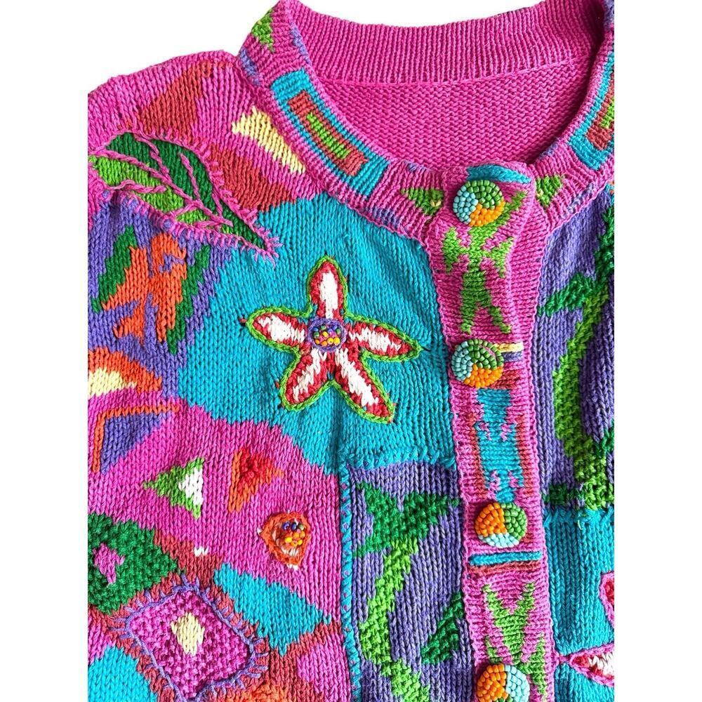 Floral Embroidered‎ Knit Pink Sweater with Beaded Buttons - Picture 3 of 9